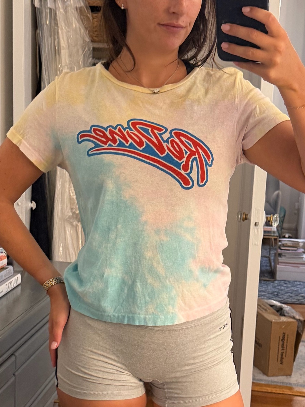 Re/Done Pastel Tie-Dye Graphic Short Sleeve Tee - Yellow, Blue